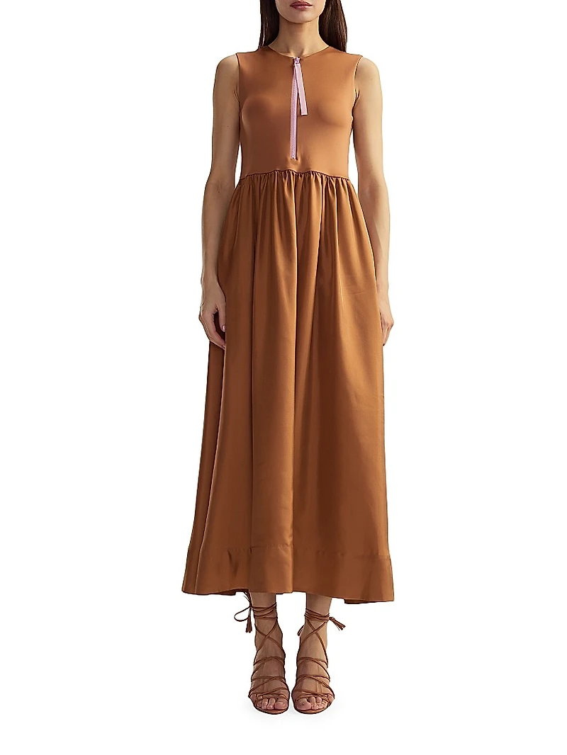 Stretch Silk Zip-Front Maxi Dress