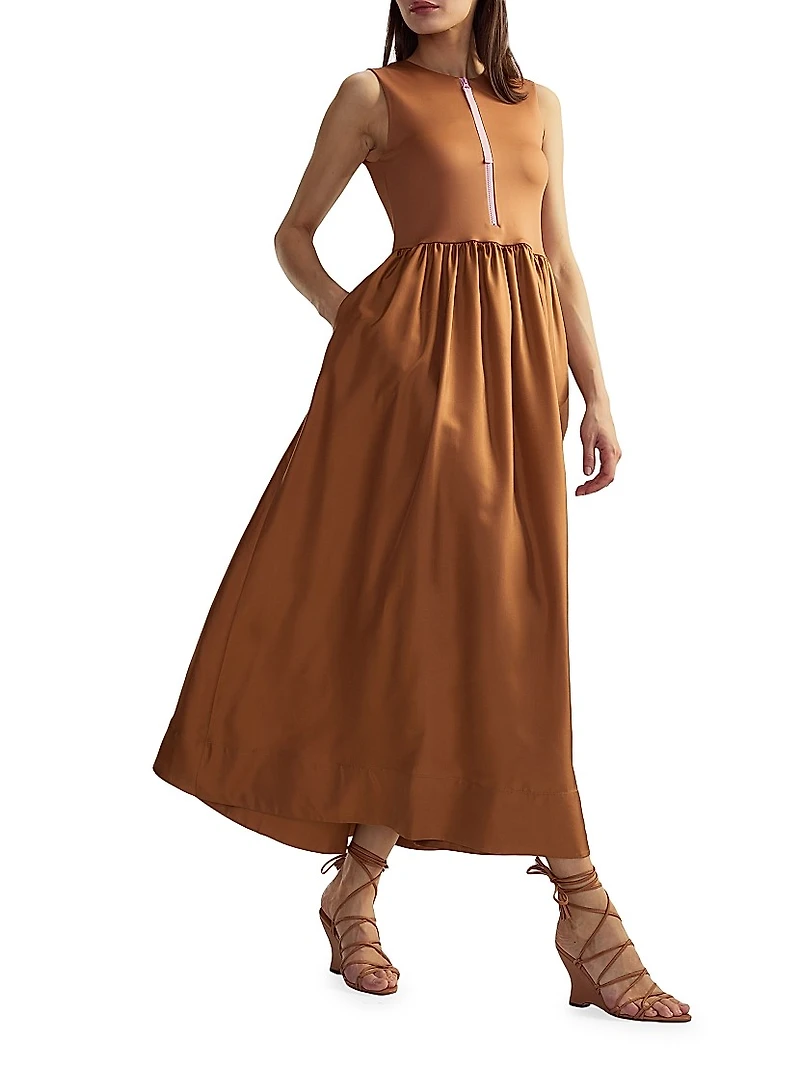 Stretch Silk Zip-Front Maxi Dress