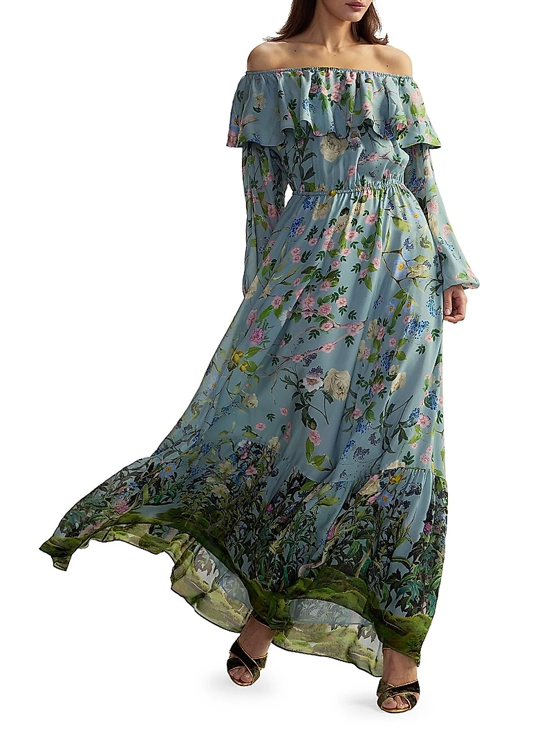 Floral Silk Off-The-Shoulder Maxi Dress