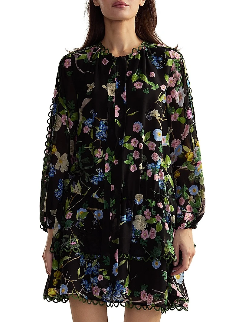 Floral Silk Dropwaist Ruffled-Hem Minidress