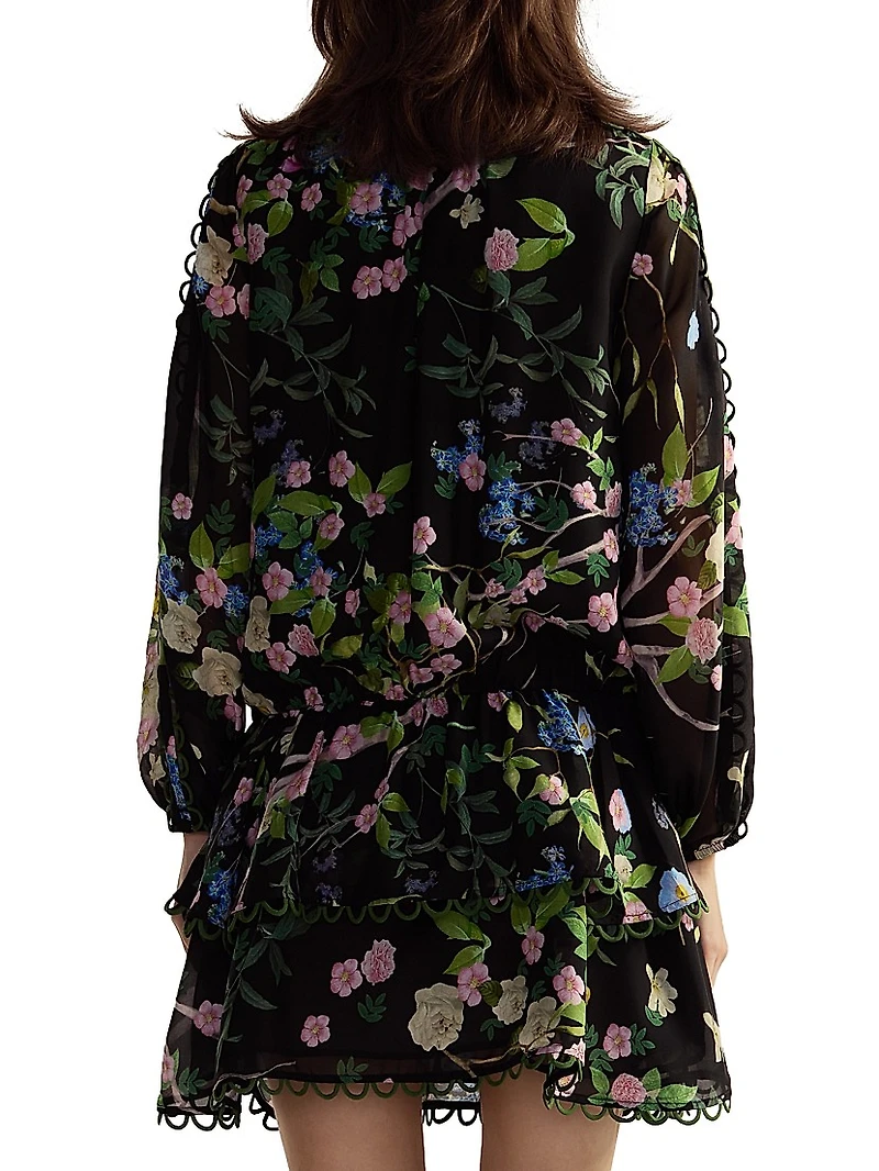 Floral Silk Dropwaist Ruffled-Hem Minidress