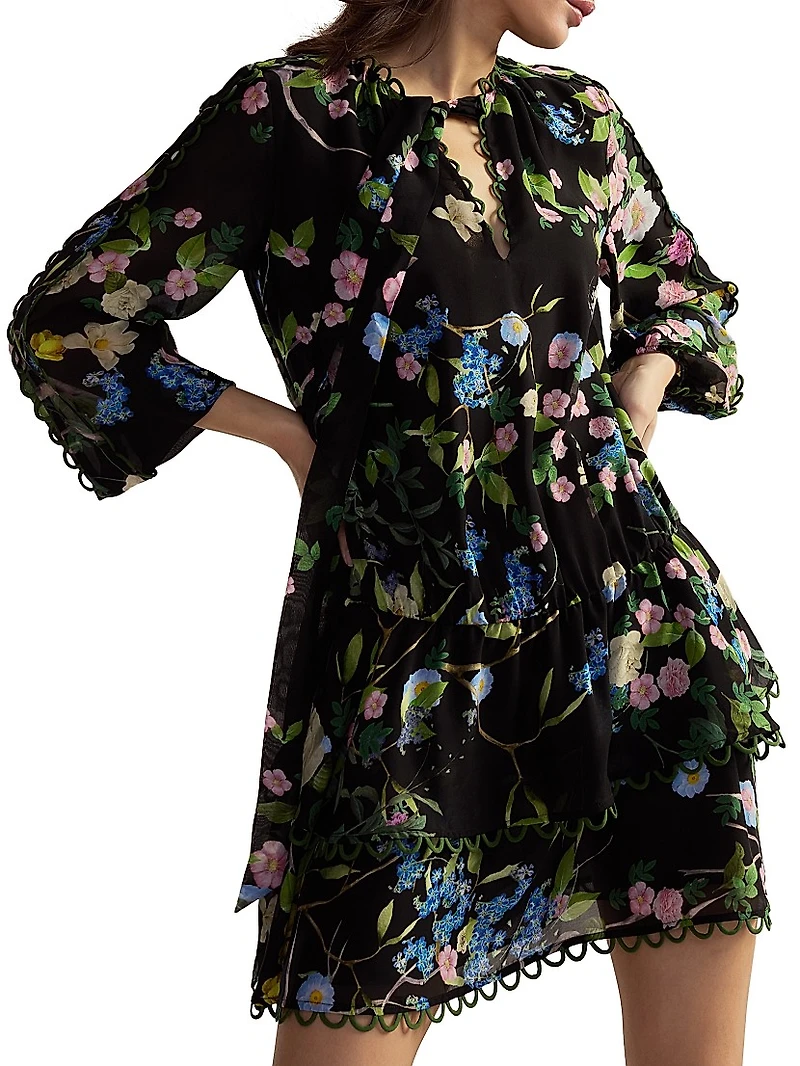 Floral Silk Dropwaist Ruffled-Hem Minidress