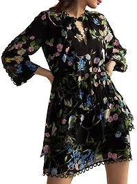 Floral Silk Dropwaist Ruffled-Hem Minidress