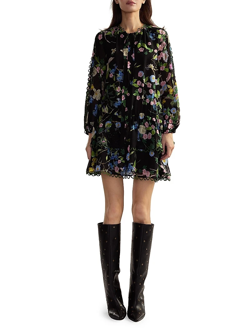Floral Silk Dropwaist Ruffled-Hem Minidress