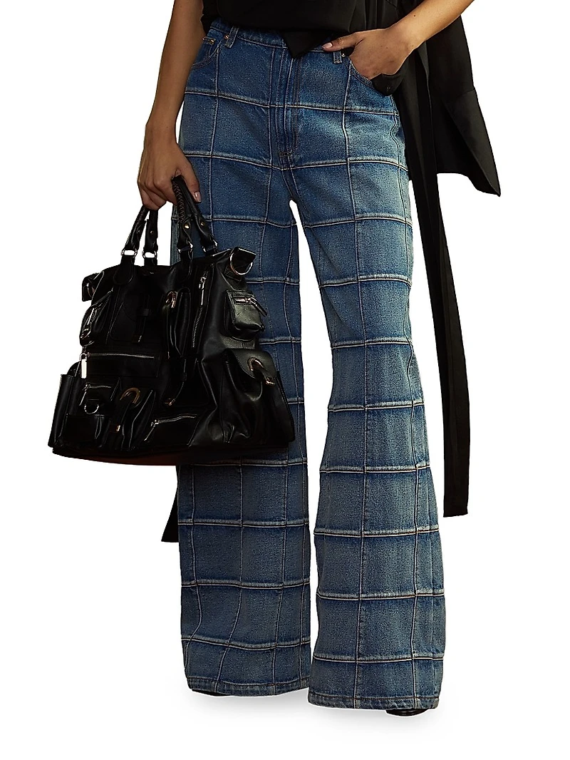 Windowpane Flared High-Rise Jeans