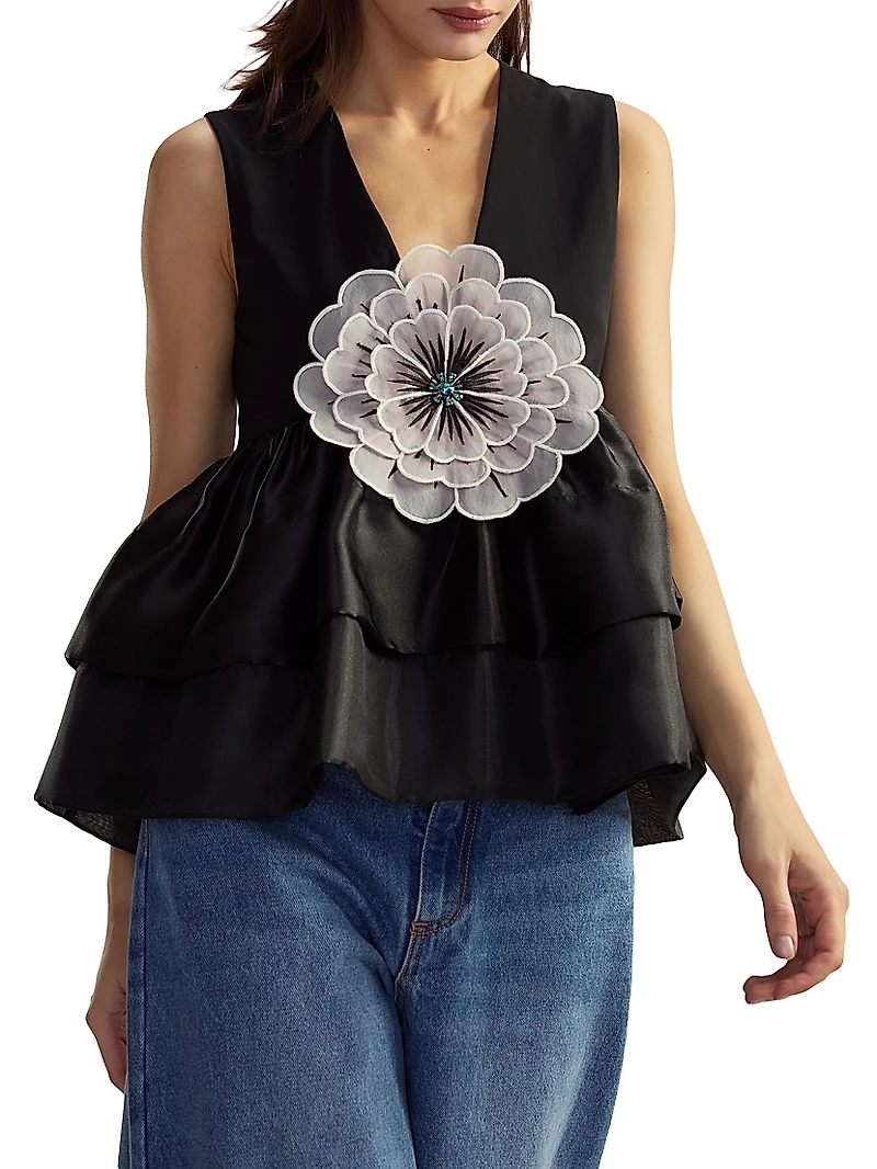 V-Neck Organza Flower Top