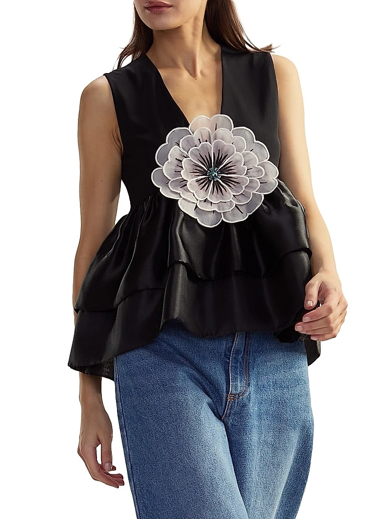 V-Neck Organza Flower Top