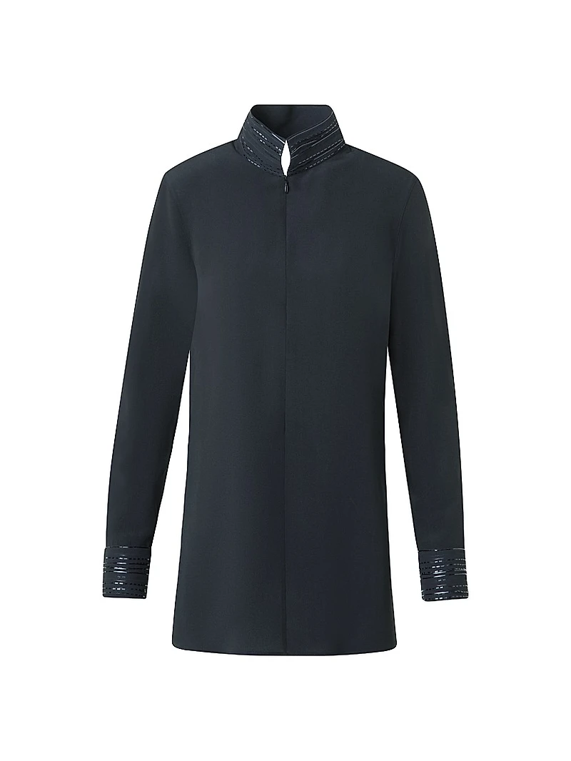 Ribbon Foil Silk Crêpe Tunic Blouse