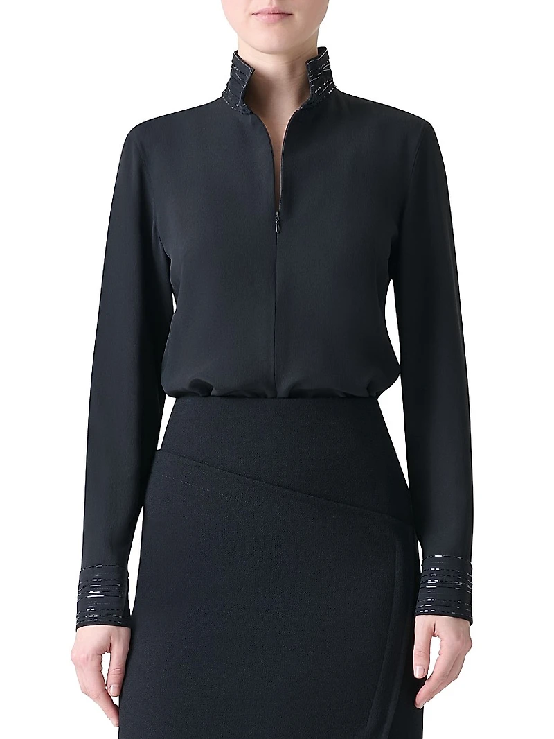 Ribbon Foil Silk Crêpe Tunic Blouse