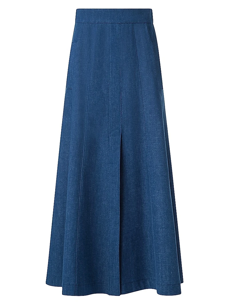 Pleated Denim A-Line Maxi Skirt