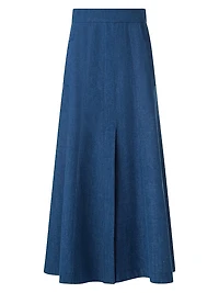 Pleated Denim A-Line Maxi Skirt