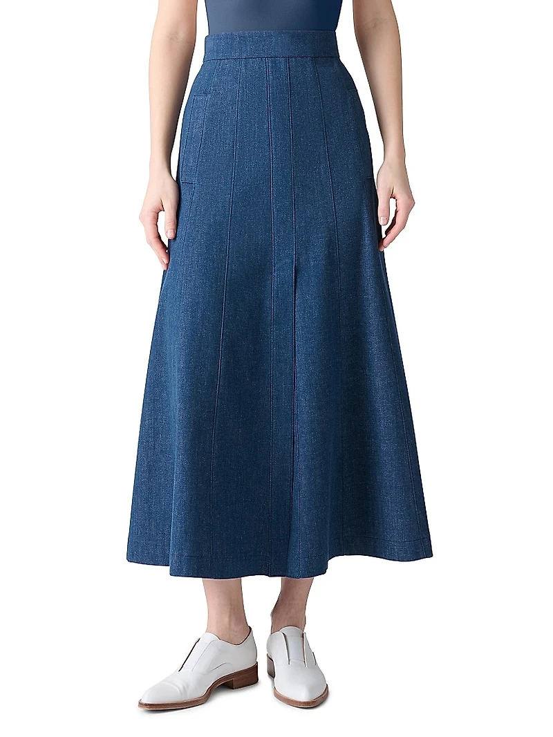 Pleated Denim A-Line Maxi Skirt