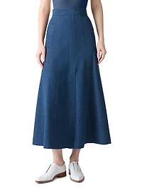 Pleated Denim A-Line Maxi Skirt