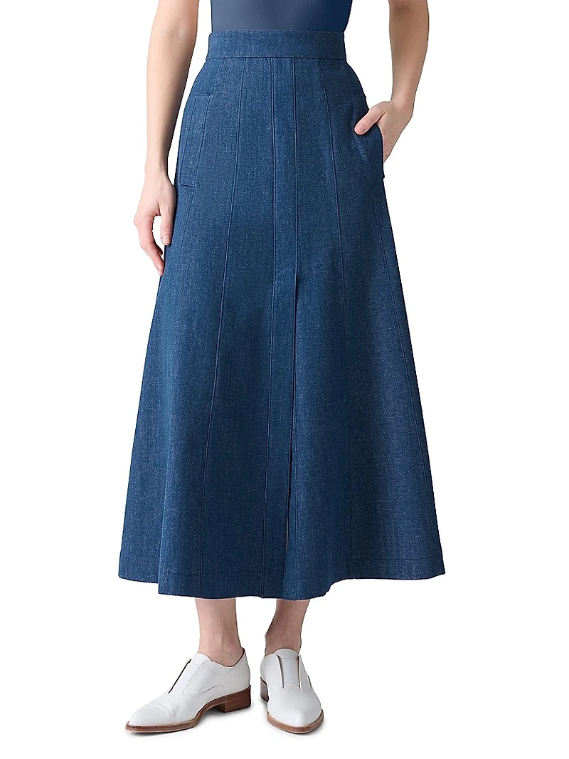 Pleated Denim A-Line Maxi Skirt