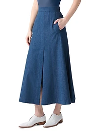 Pleated Denim A-Line Maxi Skirt