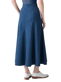 Pleated Denim A-Line Maxi Skirt
