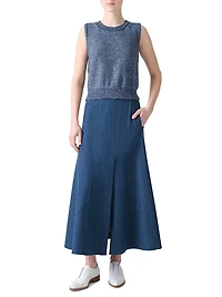 Pleated Denim A-Line Maxi Skirt