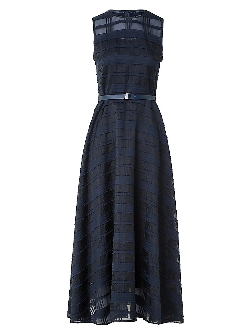 Organza Plaid Belted Midi-Dress