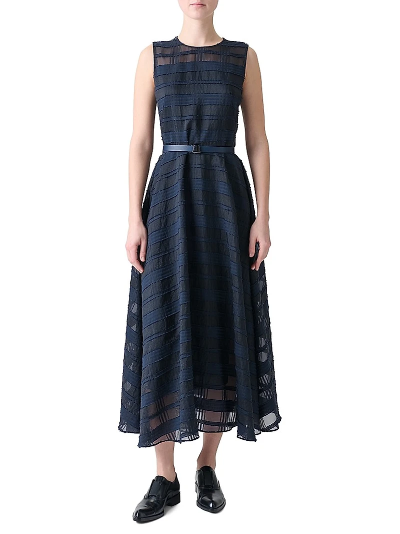 Organza Plaid Belted Midi-Dress