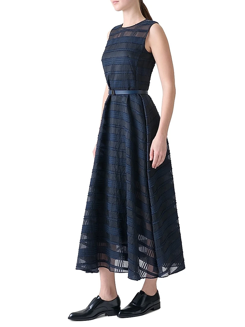 Organza Plaid Belted Midi-Dress
