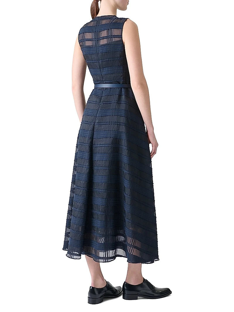 Organza Plaid Belted Midi-Dress