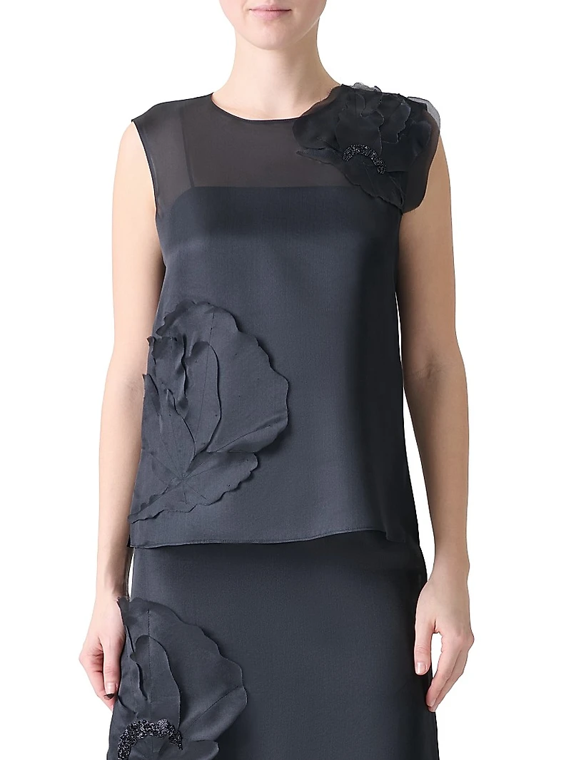 Appliqué Sleeveless Silk Blouse