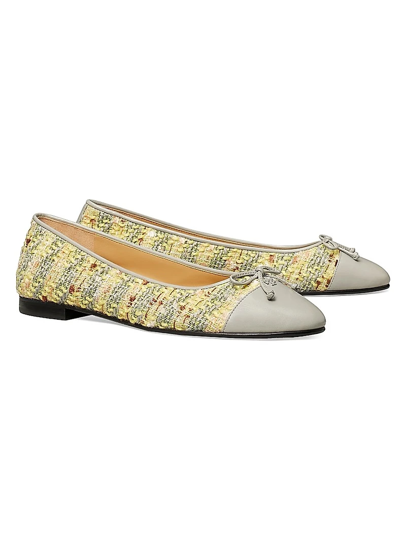 Tweed & Leather Cap-Toe Ballet Flats