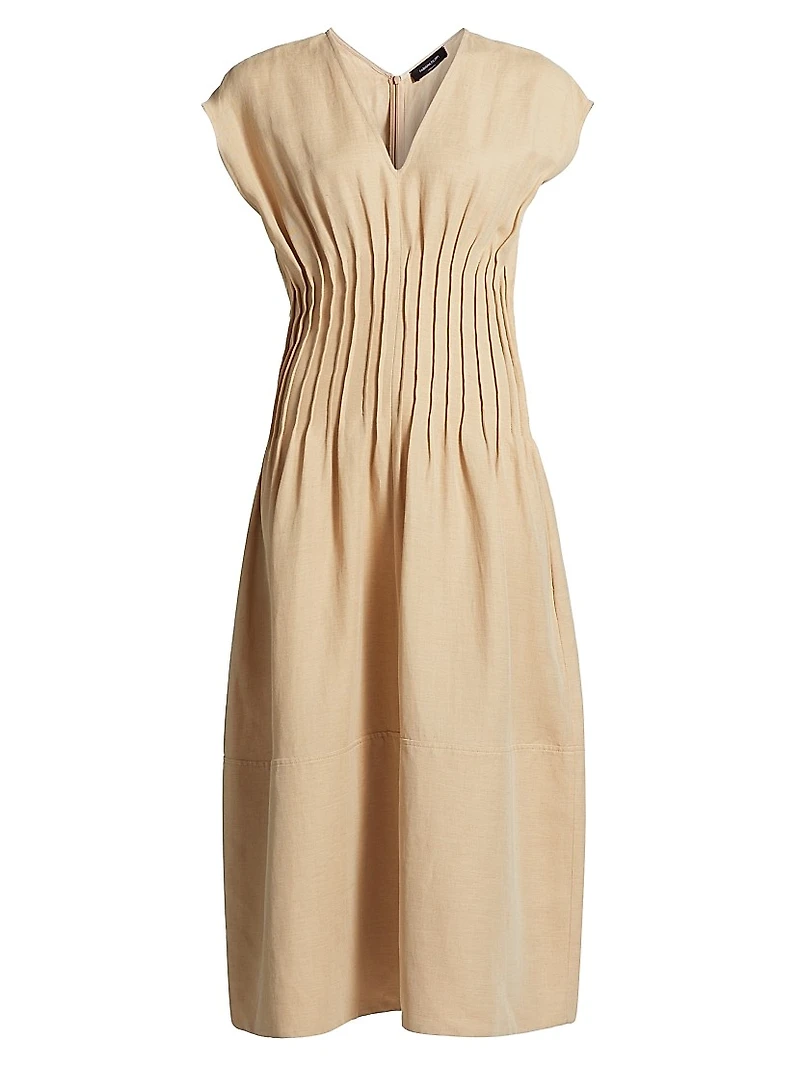 Linen-Blend Pintuck Midi-Dress