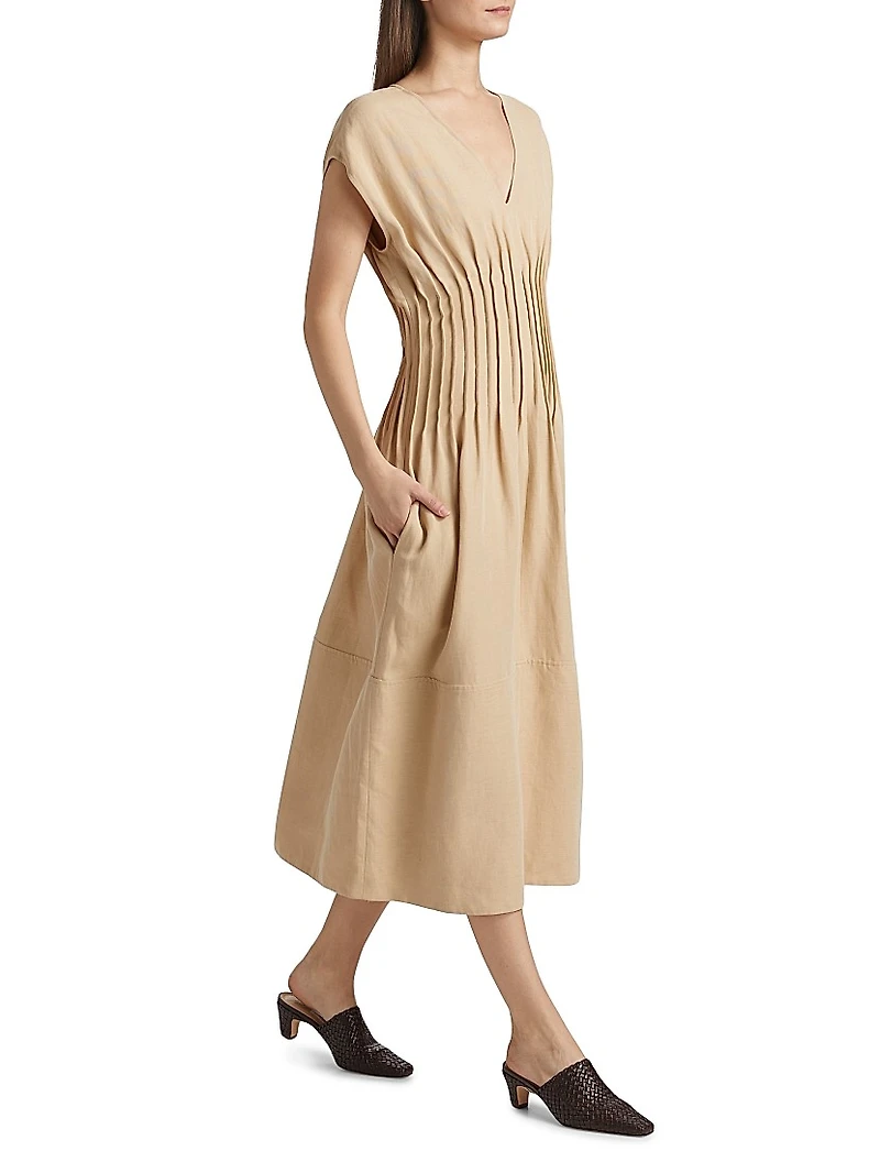 Linen-Blend Pintuck Midi-Dress