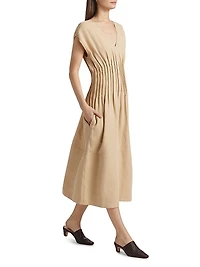 Linen-Blend Pintuck Midi-Dress