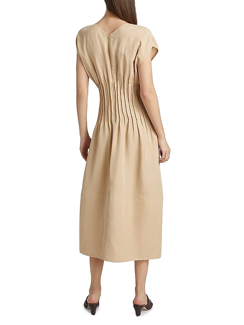 Linen-Blend Pintuck Midi-Dress