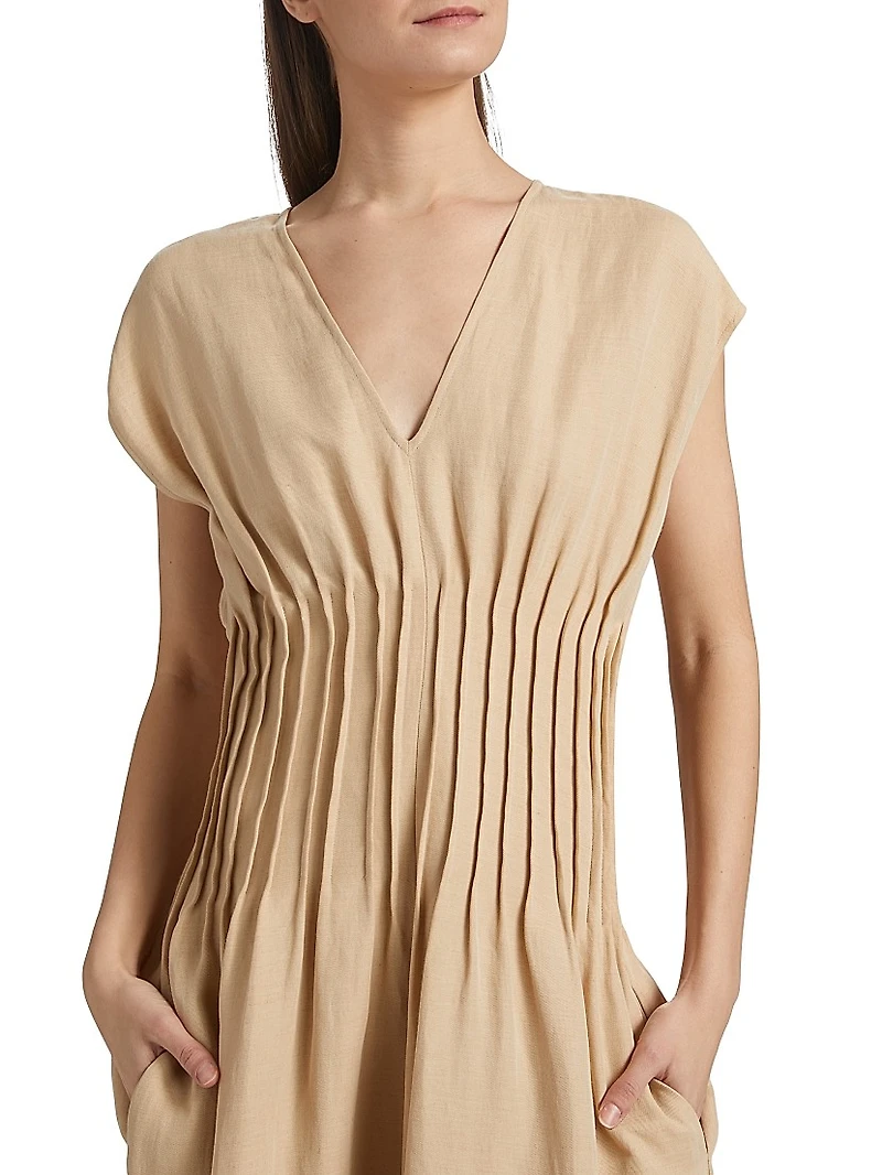 Linen-Blend Pintuck Midi-Dress