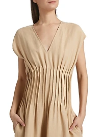 Linen-Blend Pintuck Midi-Dress