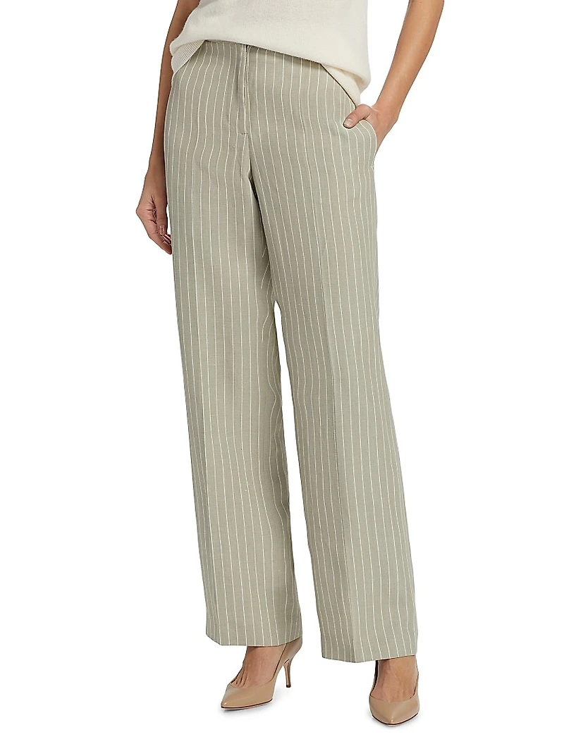Pinstripe Linen-Blend Straight-Leg Trousers