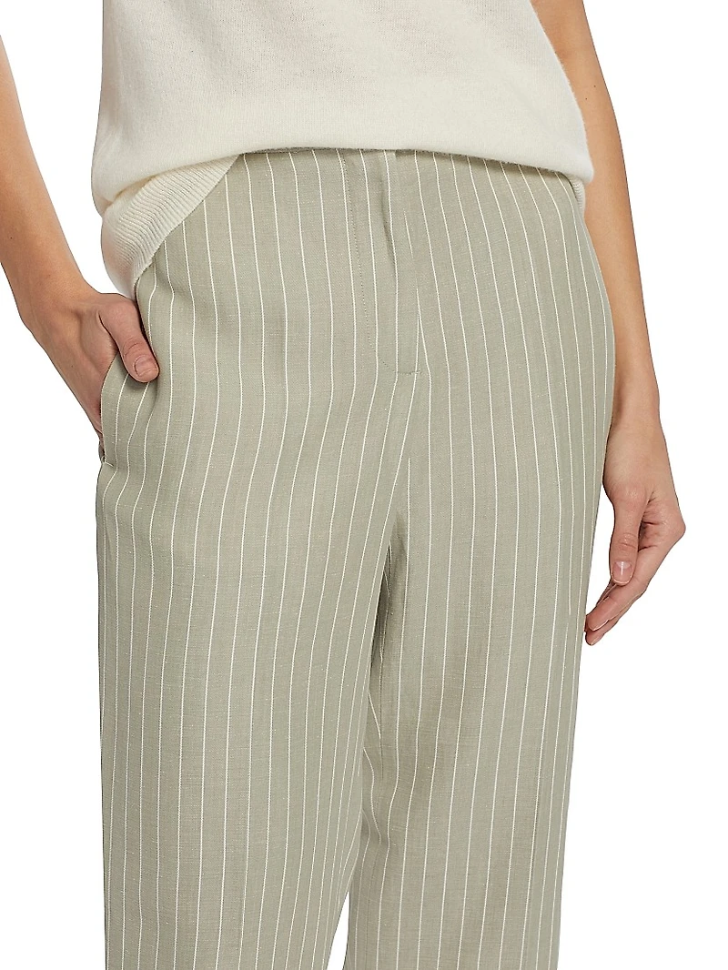 Pinstripe Linen-Blend Straight-Leg Trousers