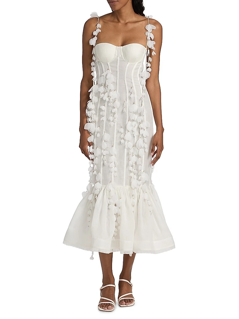 Dawning Petal Linen-Silk Midi-Dress