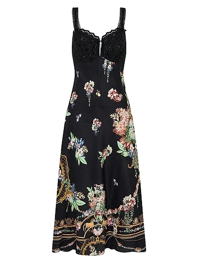 Noble Endeavours Embroidered Bodice Floral Linen Midi-Dress