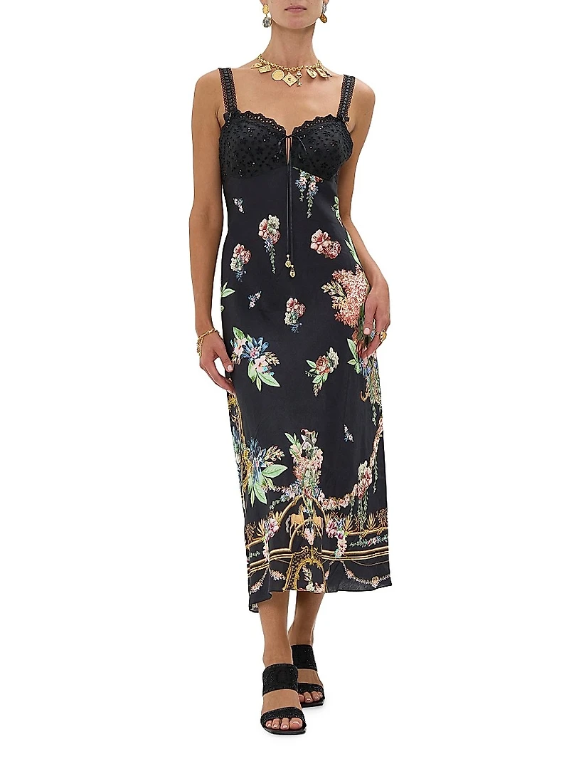 Noble Endeavours Embroidered Bodice Floral Linen Midi-Dress
