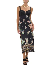 Noble Endeavours Embroidered Bodice Floral Linen Midi-Dress
