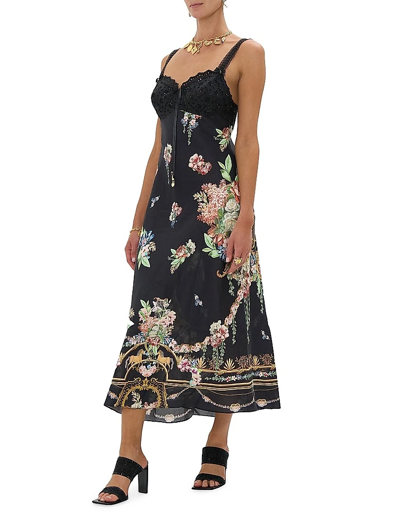 Noble Endeavours Embroidered Bodice Floral Linen Midi-Dress