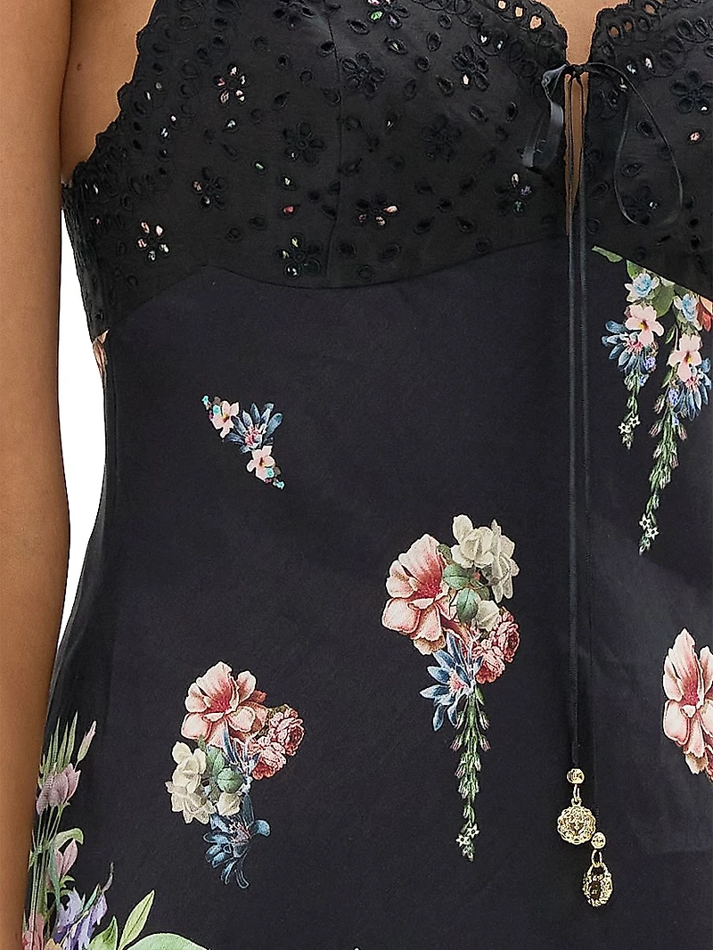 Noble Endeavours Embroidered Bodice Floral Linen Midi-Dress
