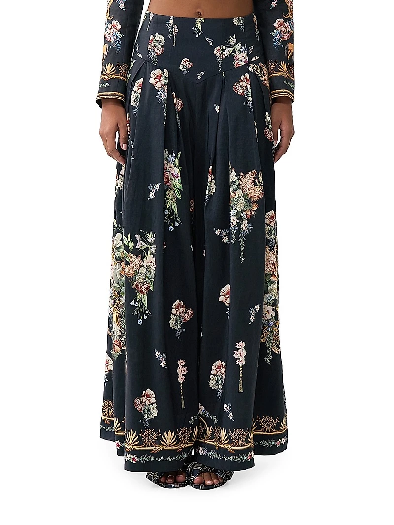 Noble Endeavours Floral Linen-Silk Wide-Leg Pants