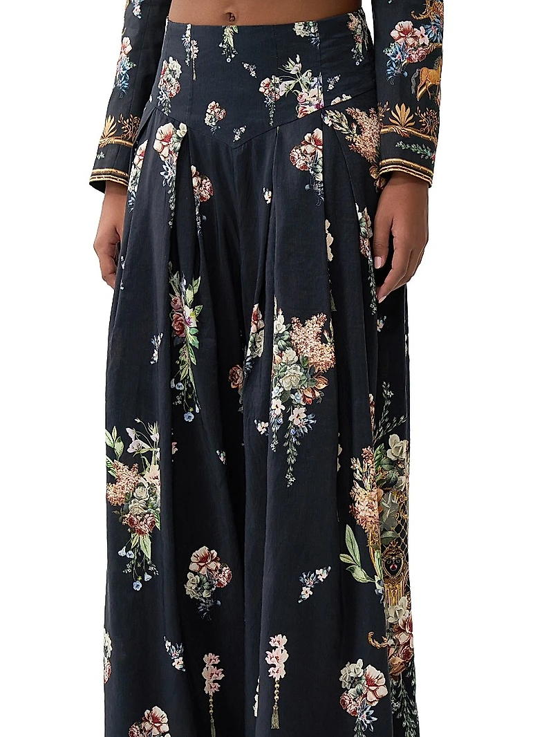 Noble Endeavours Floral Linen-Silk Wide-Leg Pants