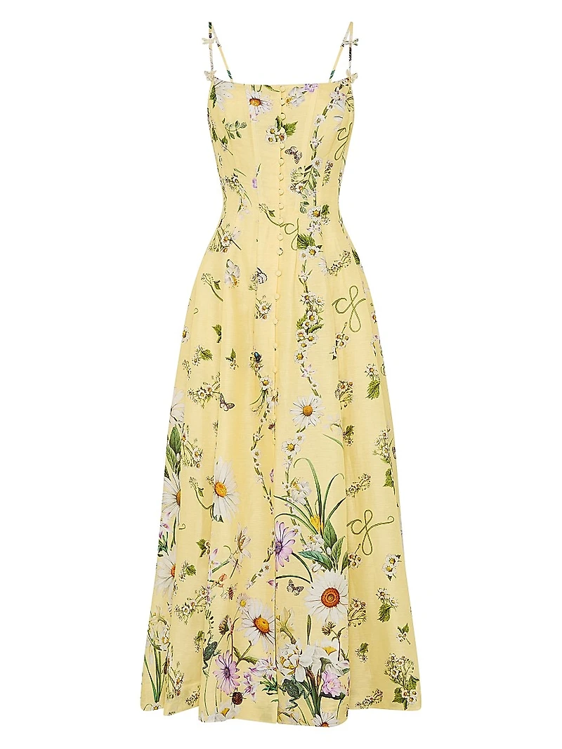 Daisy Chains Floral Linen-Silk Midi-Dress