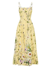 Daisy Chains Floral Linen-Silk Midi-Dress