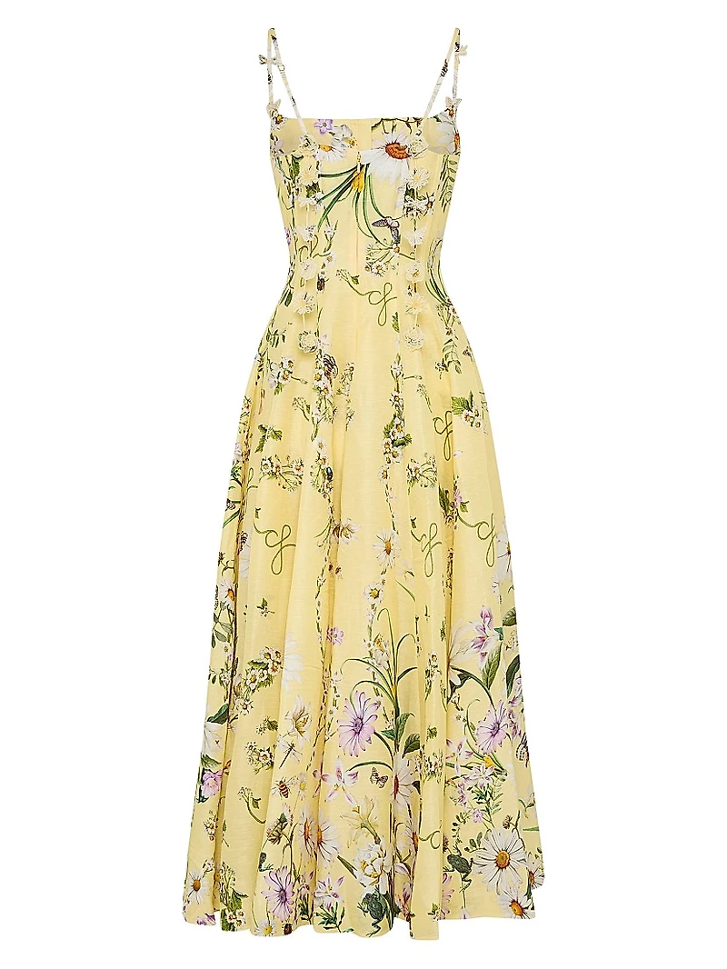 Daisy Chains Floral Linen-Silk Midi-Dress