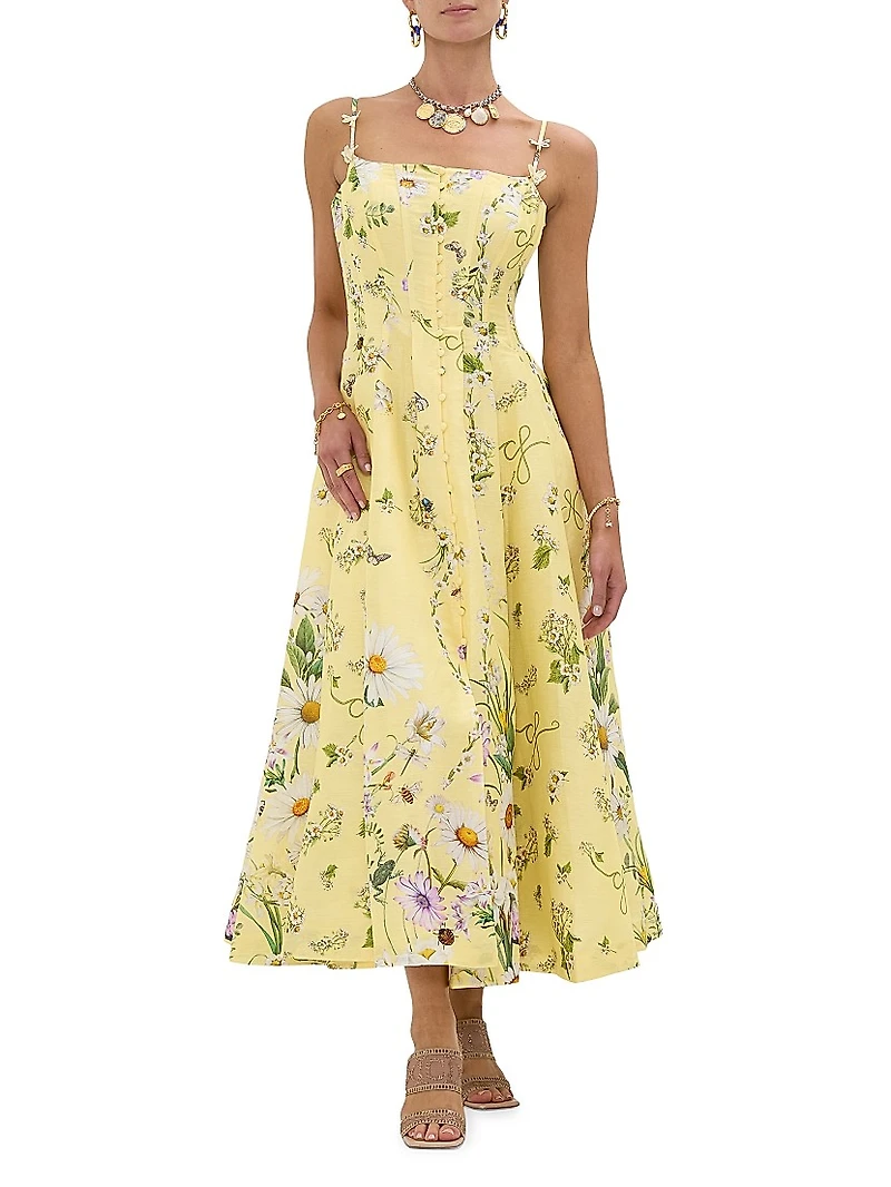 Daisy Chains Floral Linen-Silk Midi-Dress