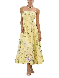 Daisy Chains Floral Linen-Silk Midi-Dress