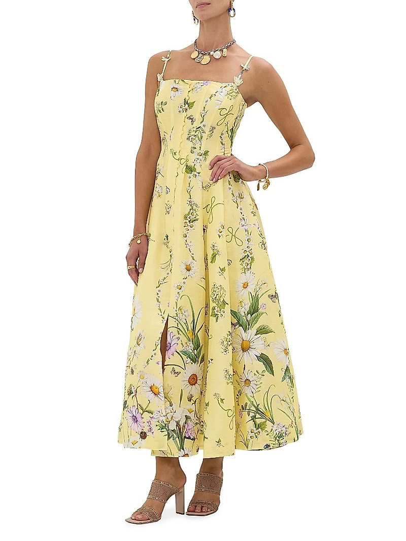 Daisy Chains Floral Linen-Silk Midi-Dress