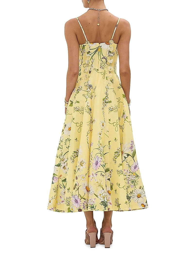 Daisy Chains Floral Linen-Silk Midi-Dress